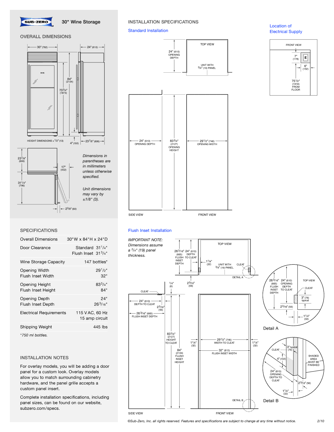 Sub-Zero WS-30/O manual Overall Dimensions Installation Specifications, Installation Notes, Flush Inset Installation 