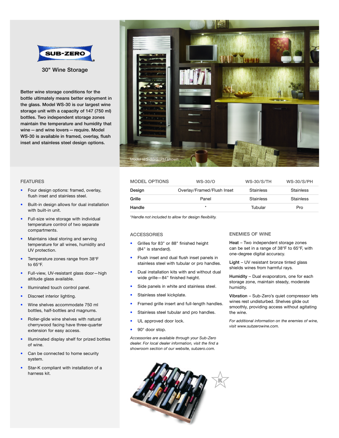 Sub-Zero WS-30/O manual Features, Model Options, Accessories, Enemies Of Wine, Wine Storage, WS-30/S/TH, WS-30/S/PH 