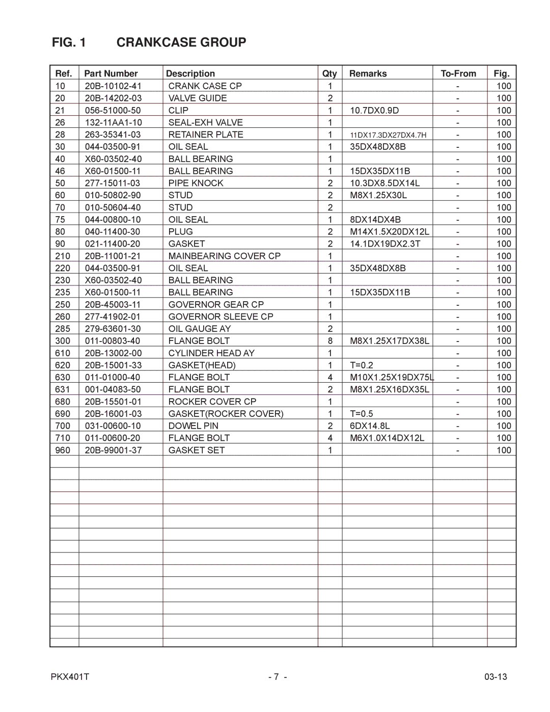 Subaru PKX401T manual Part Number Description Qty Remarks To-From 