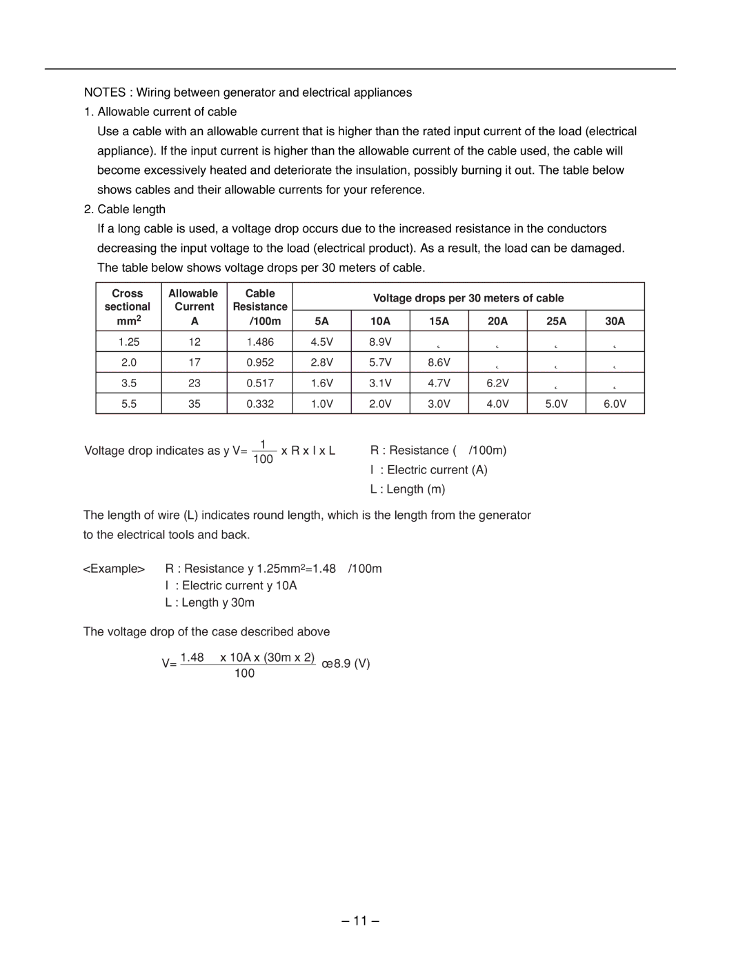 Subaru R1100 service manual Cross Allowable Cable Voltage drops per 30 meters of cable 