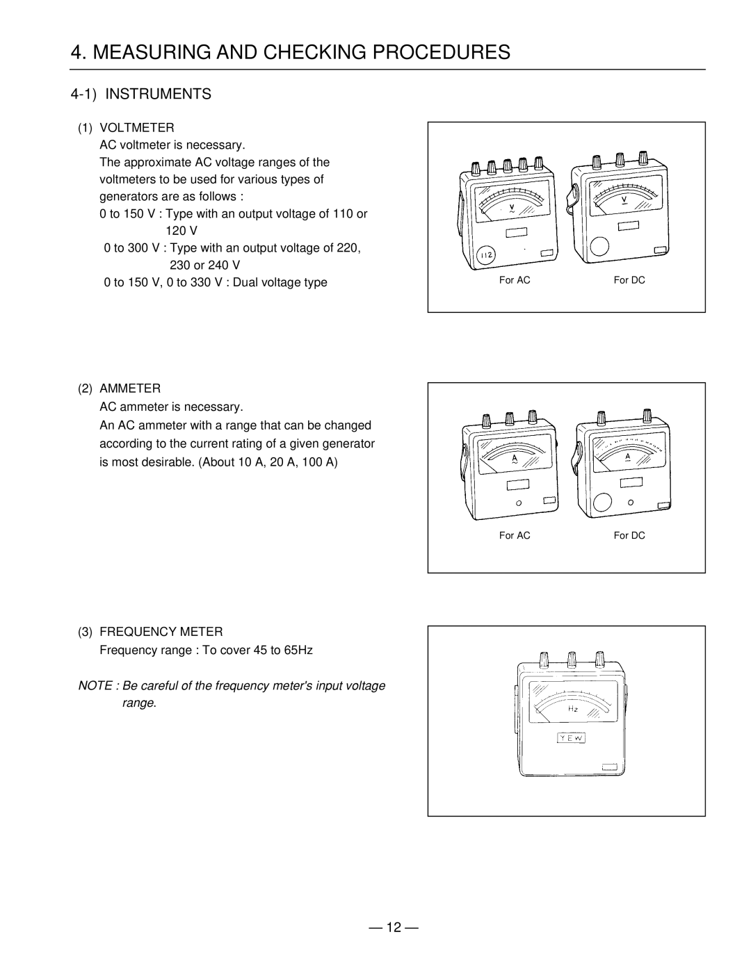 Subaru R1100 service manual Measuring and Checking Procedures, Instruments, Voltmeter, Ammeter, Frequency Meter 