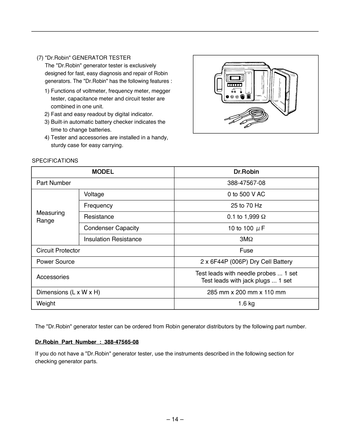 Subaru R1100 service manual Specifications, Dr.RobinPartNumber388-47565-08 