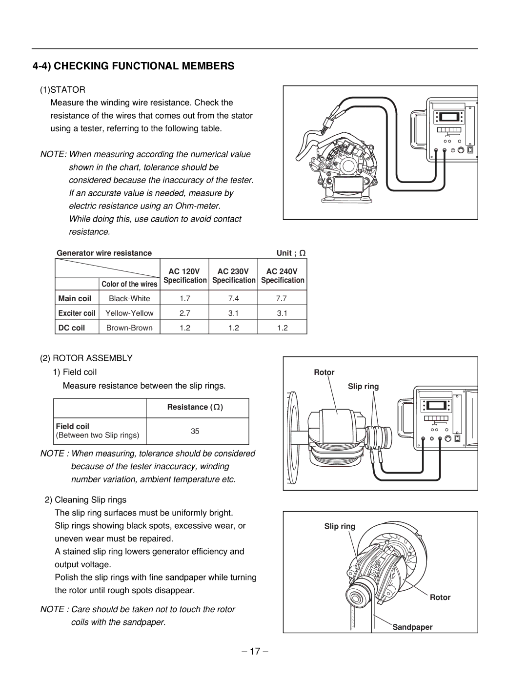 Subaru R1100 service manual Checking Functional Members, 1STATOR, Field coil, Measure resistance between the slip rings 