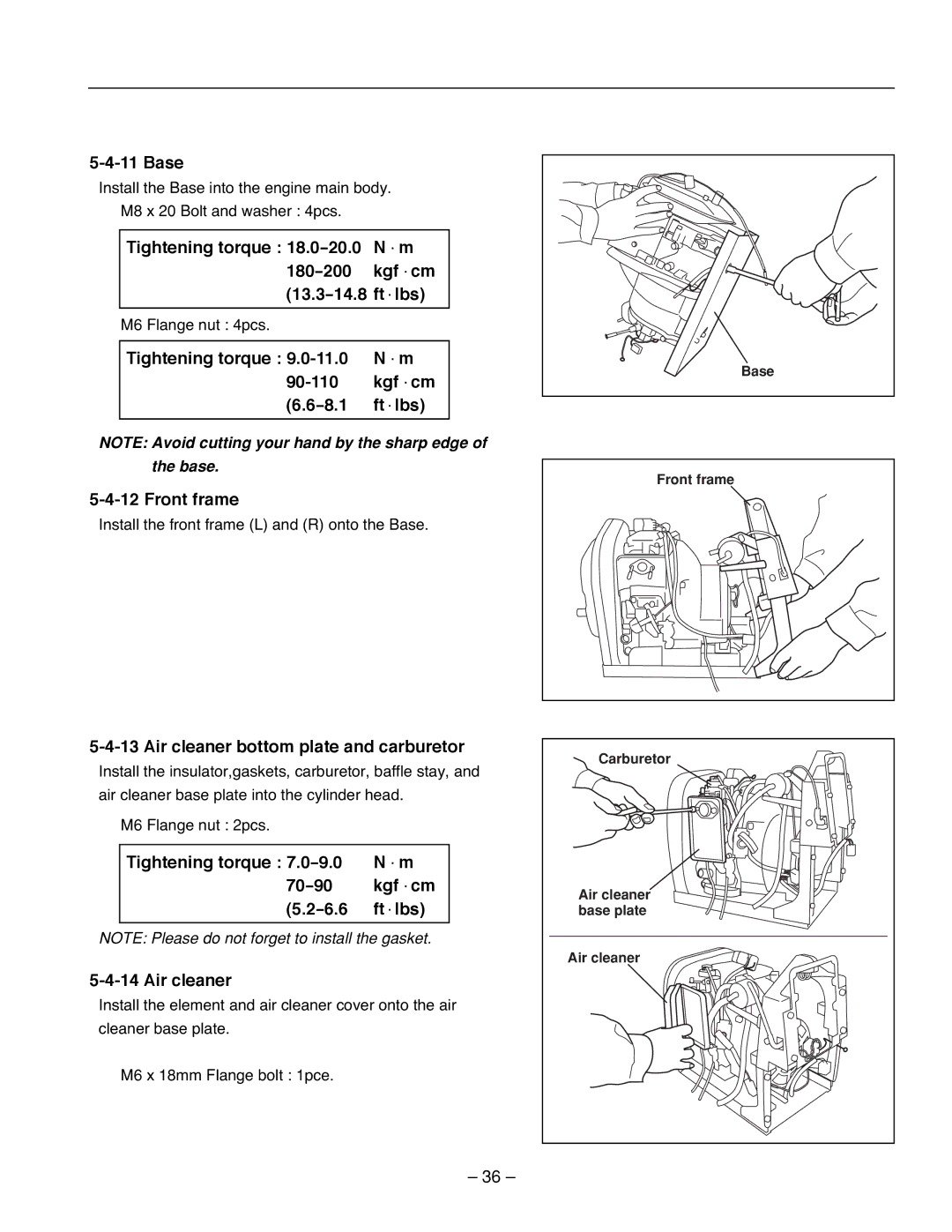 Subaru R1100 Base, Tightening torque 90-110 Kgf ・cm 8.1 Ft ・lbs, Front frame, Air cleaner bottom plate and carburetor 