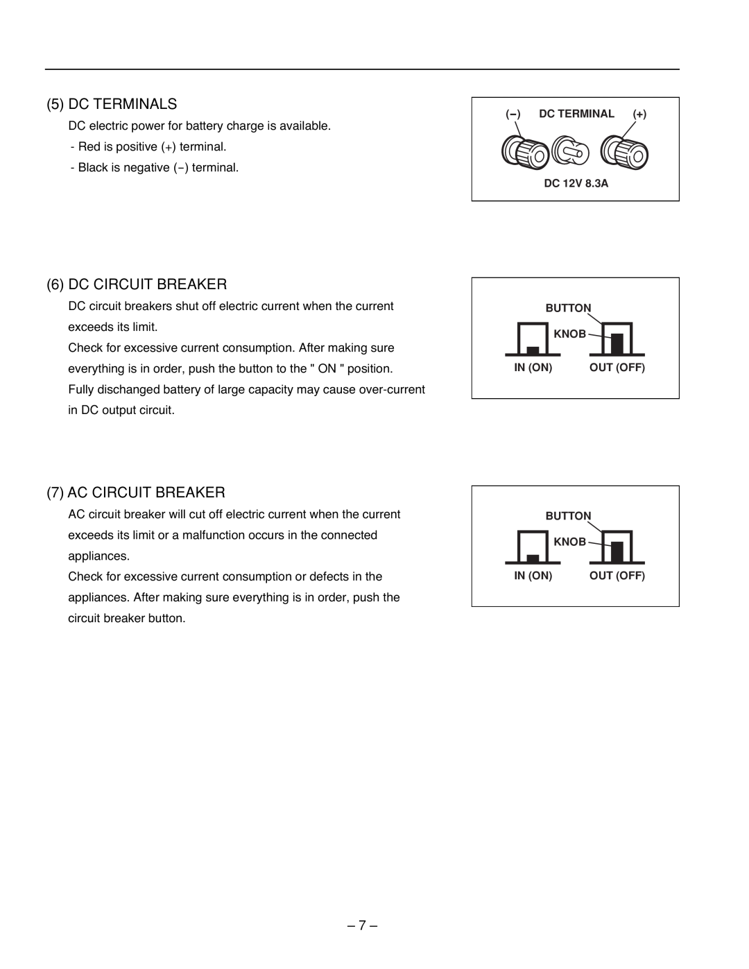 Subaru R1100 service manual Dc Terminals, Dc Circuit Breaker, Ac Circuit Breaker 