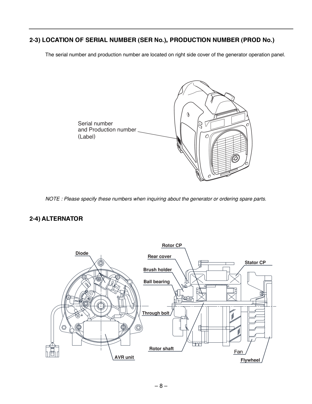 Subaru R1100 LOCATION OF SERIAL NUMBER SER No., PRODUCTION NUMBER PROD No, Alternator, Rotor CP, Diode, Rear cover 