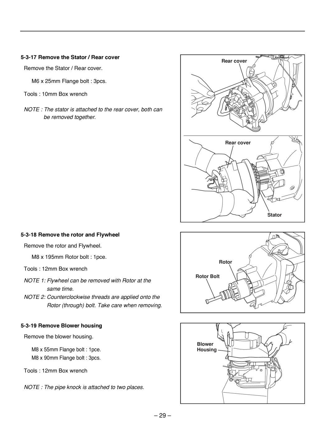 Subaru R1100 service manual Remove the Stator / Rear cover, Remove the rotor and Flywheel, Remove Blower housing 