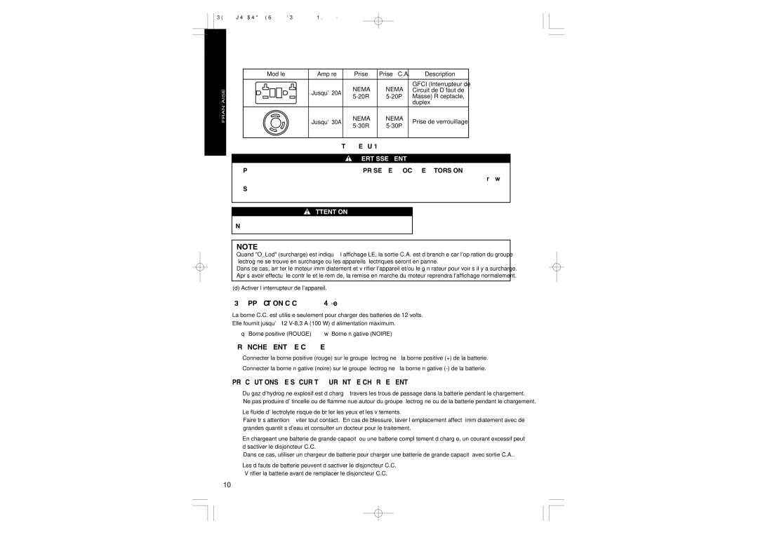 Subaru RG3200IS, RG4300IS Application C.C. Voir -e, Branchement DE Câble, Précautions DE Sécurité Durant LE Chargement 