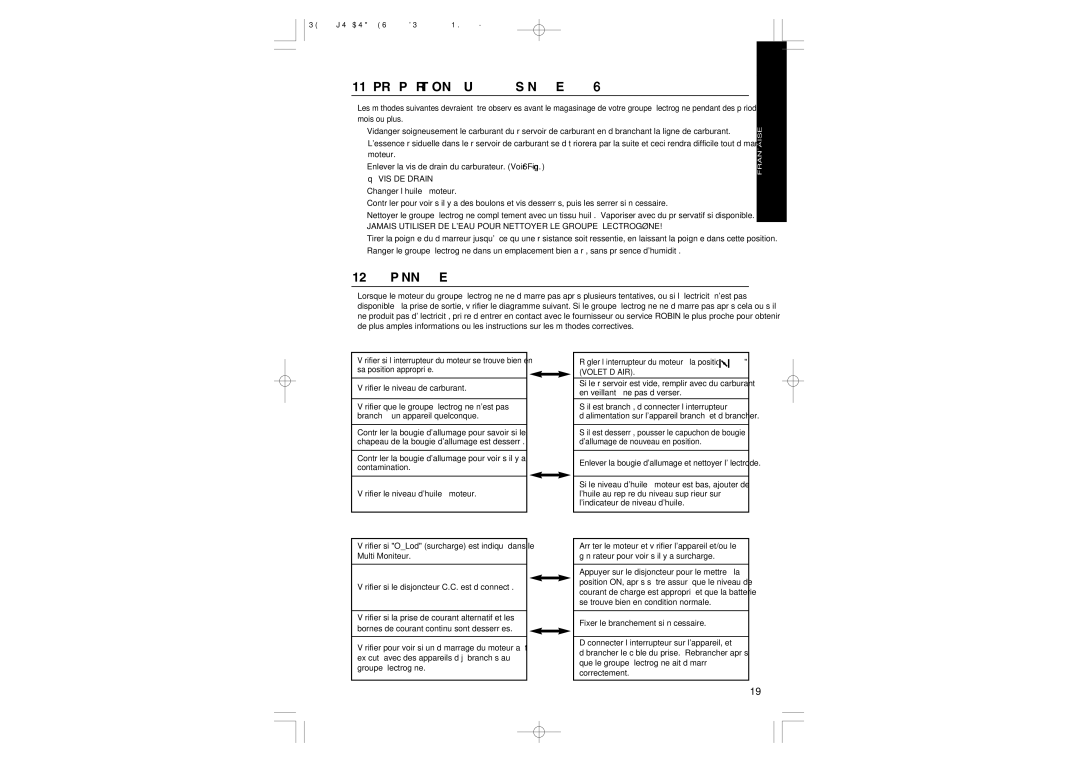 Subaru RG3200IS, RG4300IS 12. Dépannage, Quand le moteur ne démarre pas, Quand l’électricité nest pas produite au prise 