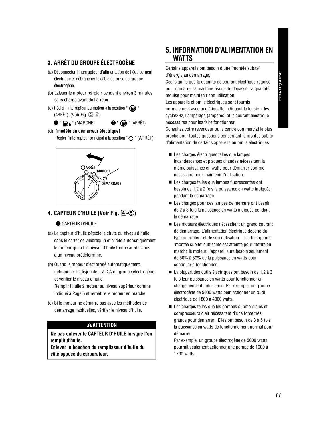 Subaru RG2800IS manual Arrêt Du Groupe Électrogène, CAPTEUR DHUILE Voir -t, Information D’Alimentation En Watts, Française 