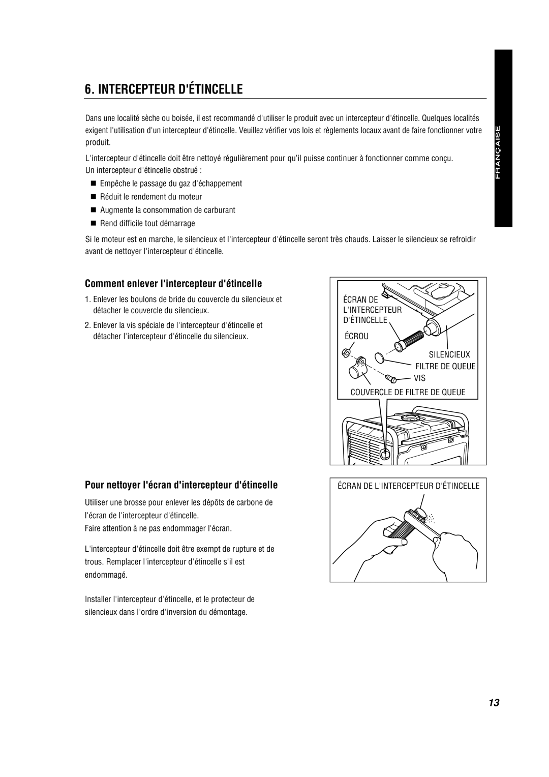 Subaru RG3200IS, RG4300IS, RG2800IS Intercepteur Détincelle, Comment enlever lintercepteur détincelle, Française, Español 