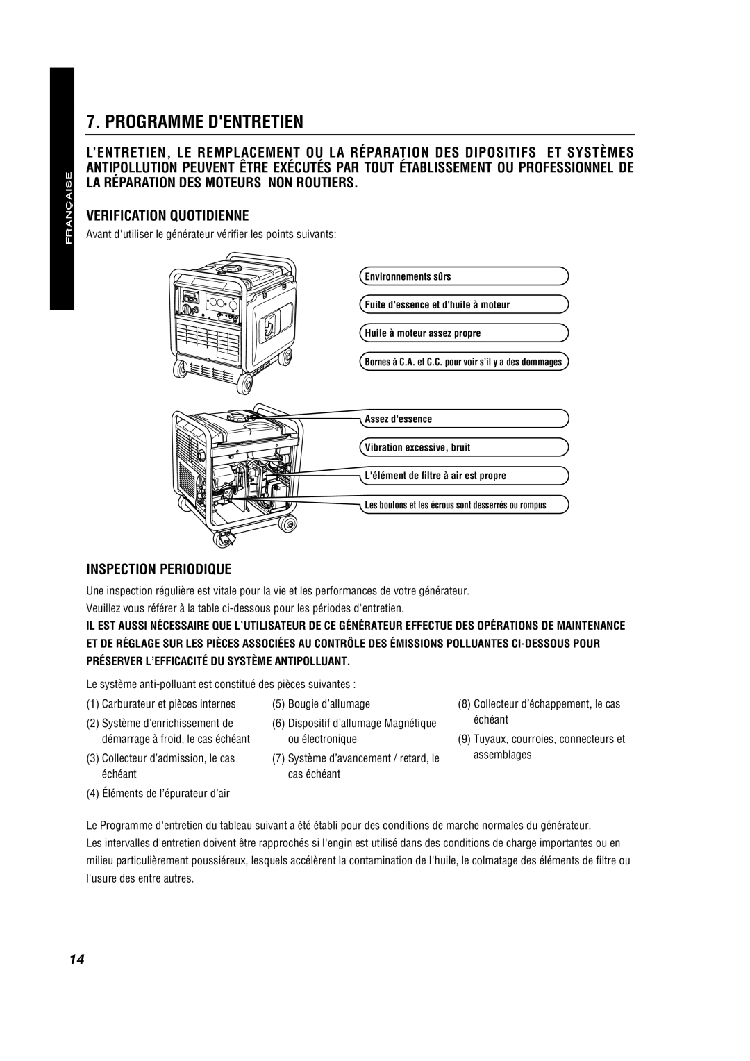 Subaru RG2800IS, RG4300IS, RG3200IS manual Programme Dentretien, Verification Quotidienne, Inspection Periodique, Française 