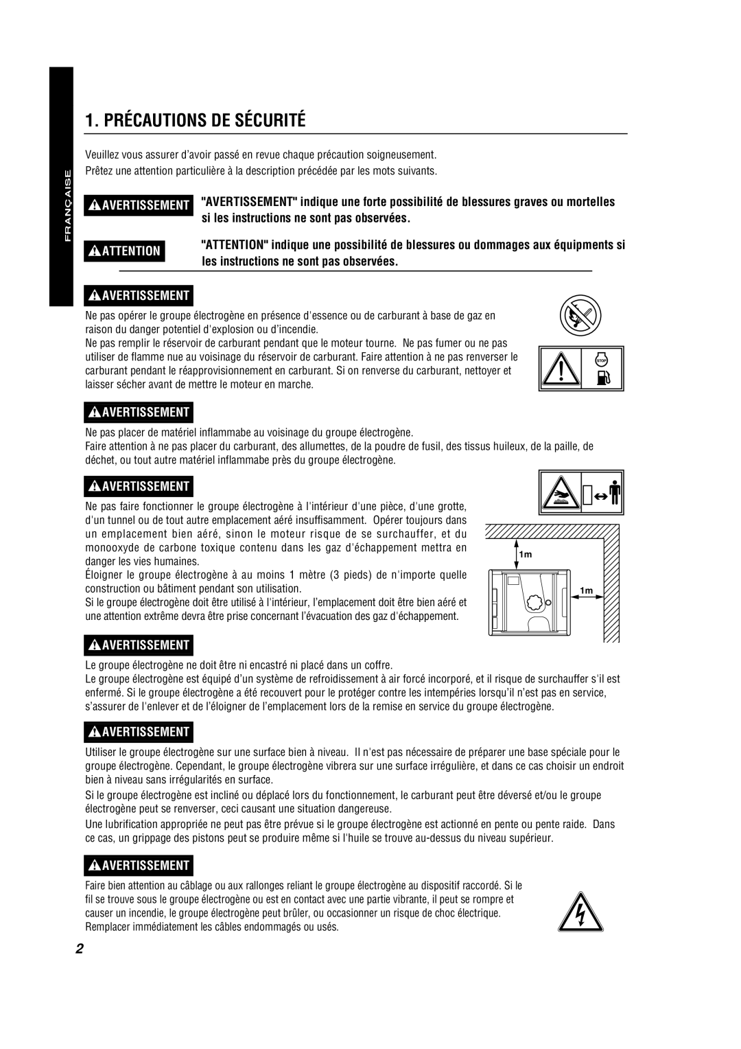 Subaru RG2800IS 1. PRÉCAUTIONS DE SÉCURITÉ, si les instructions ne sont pas observées, Avertissement, Française Française 