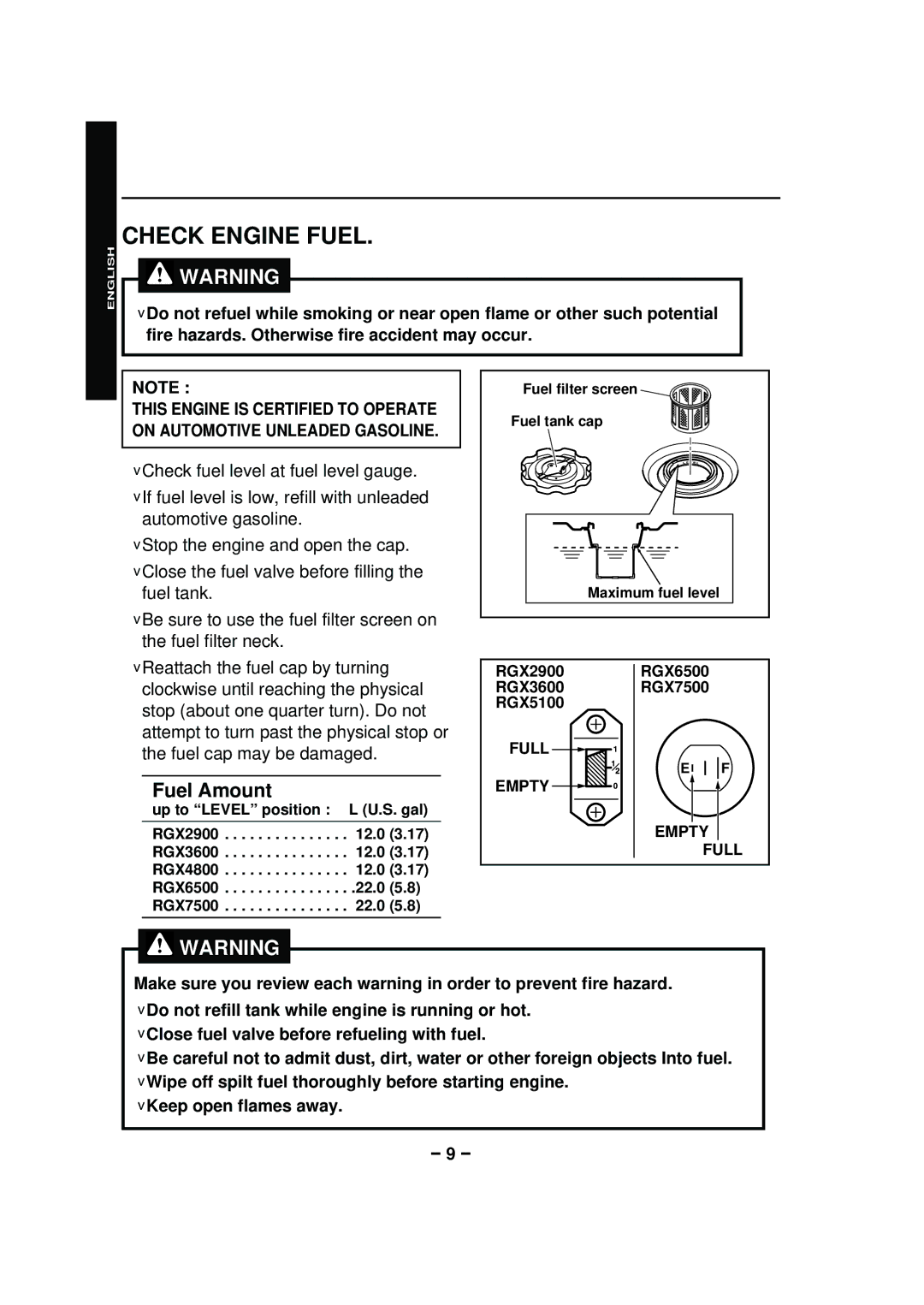 Subaru RGX4800 RGX6500, RGX3600, RGX2900, RGX7500 manual Check Engine Fuel, Fuel Amount 