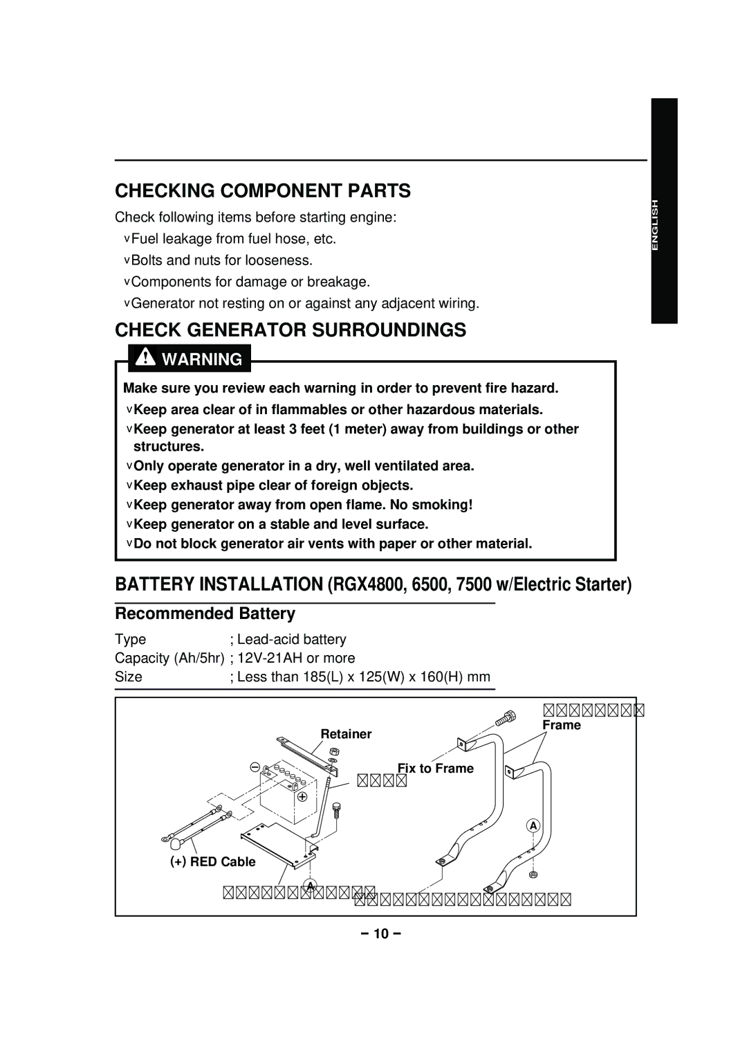 Subaru RGX7500, RGX3600, RGX2900, RGX4800 RGX6500 manual Checking Component Parts, Check Generator Surroundings 