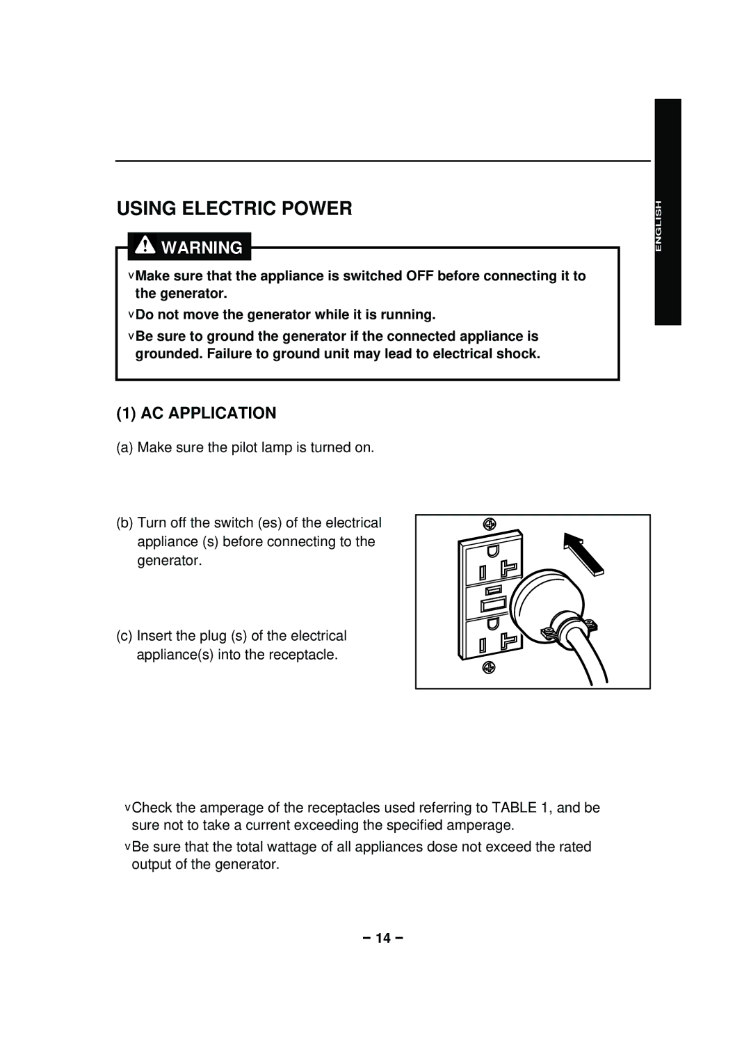 Subaru RGX7500, RGX3600, RGX2900, RGX4800 RGX6500 manual Using Electric Power, AC Application 