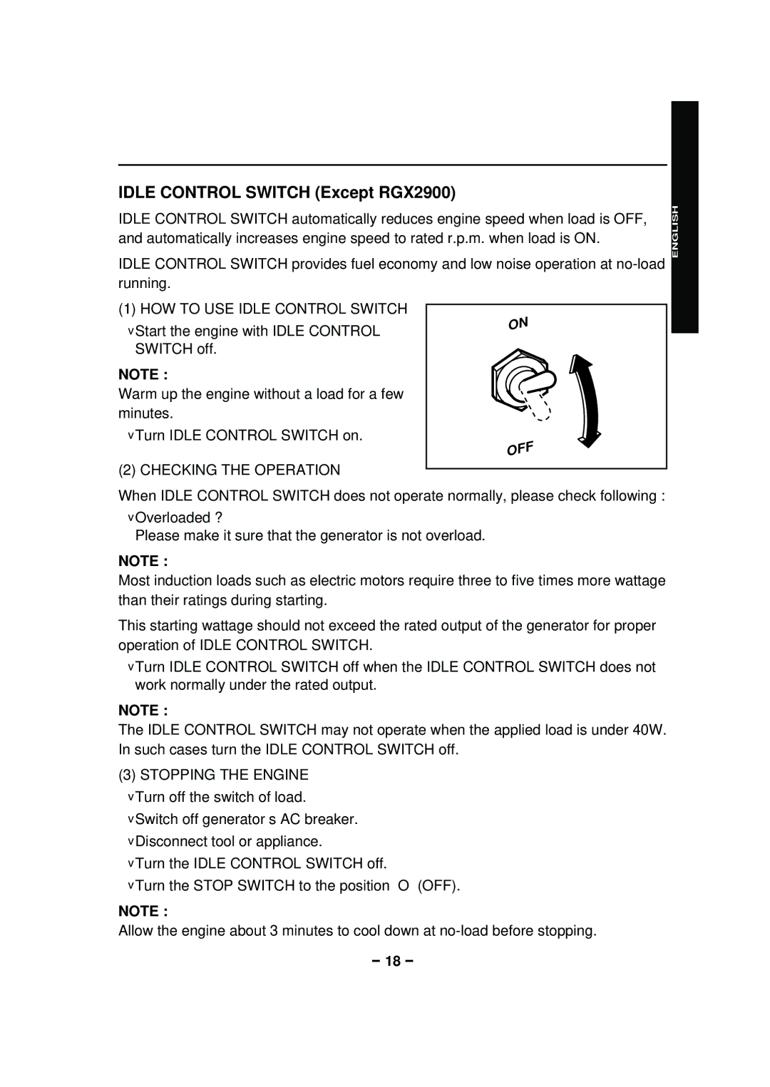 Subaru RGX7500, RGX3600, RGX4800 RGX6500 manual Idle Control Switch Except RGX2900, HOW to USE Idle Control Switch 