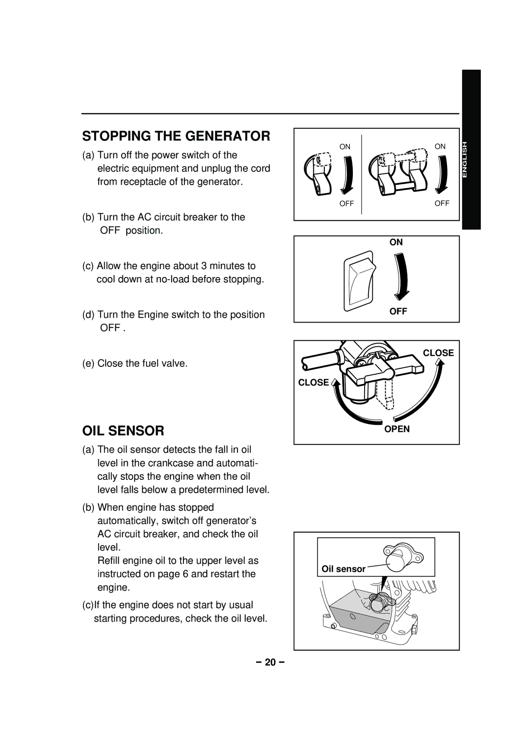 Subaru RGX2900, RGX3600, RGX4800 RGX6500, RGX7500 manual Stopping the Generator, OIL Sensor 