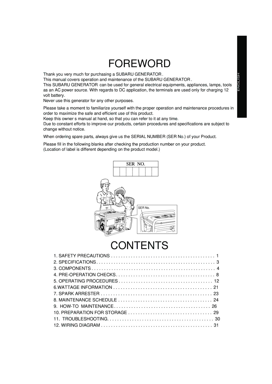 Subaru RGX7500, RGX3600, RGX2900, RGX4800 RGX6500 manual Foreword, Contents 