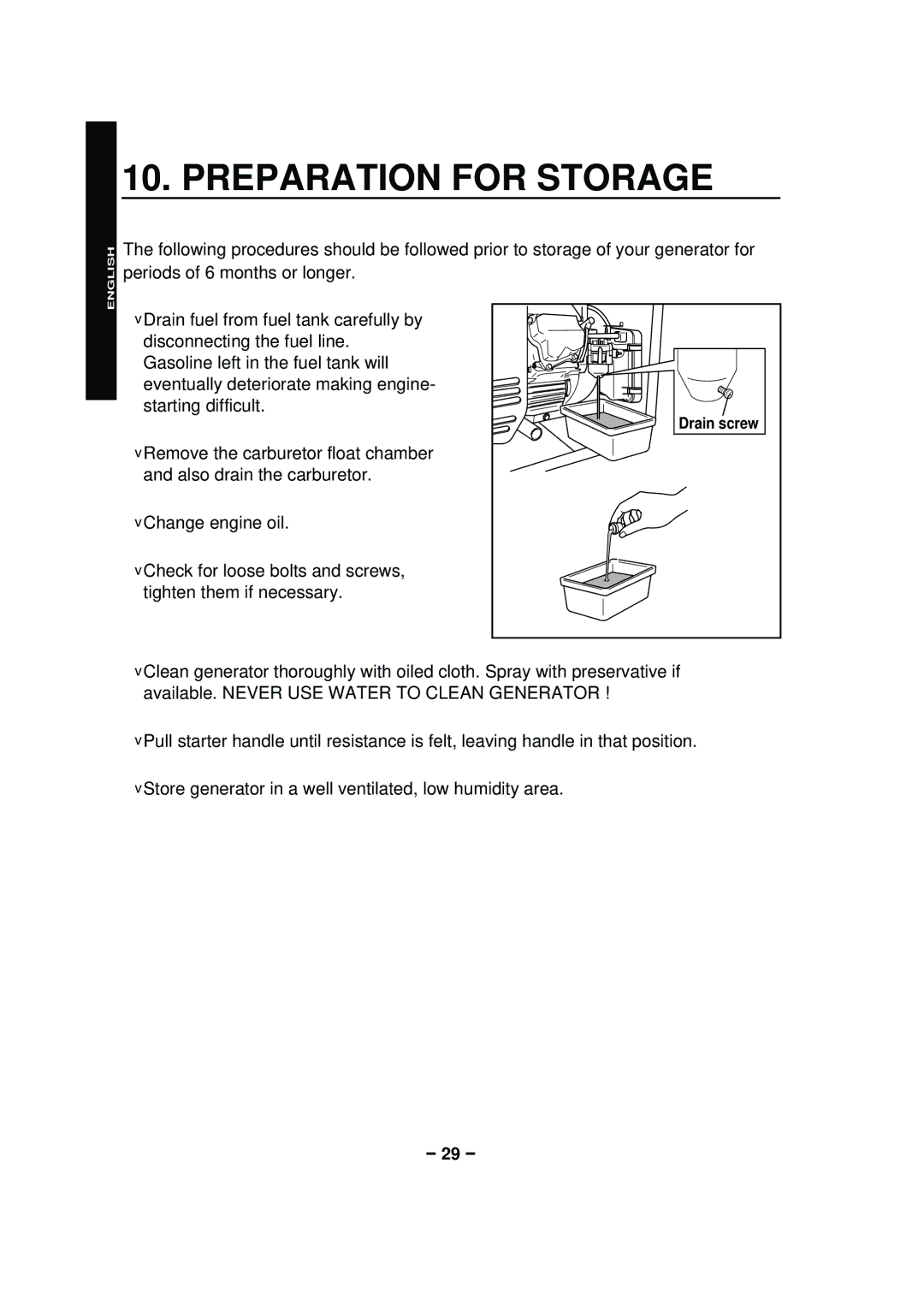 Subaru RGX4800 RGX6500, RGX3600, RGX2900, RGX7500 manual Preparation for Storage 