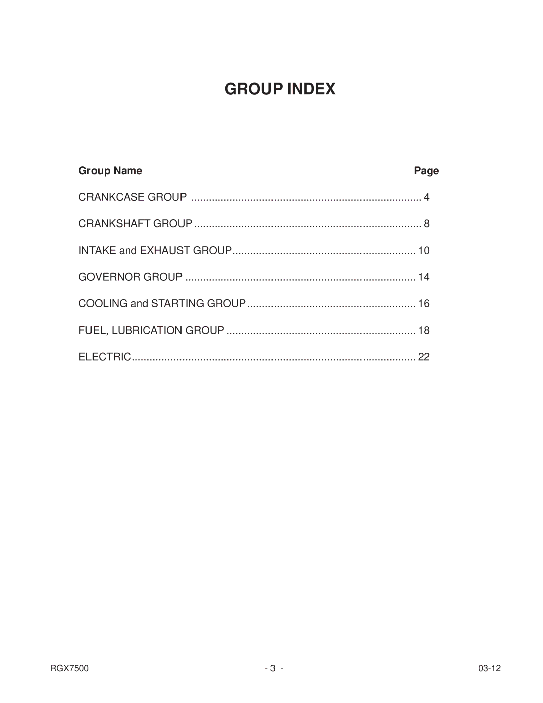 Subaru RGX7500E manual Group Index 