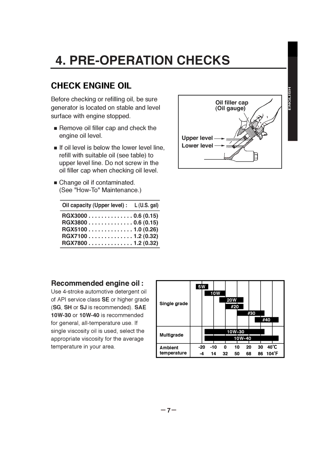 Subaru RGX3800, RGX7800, RGX3000, RGX5100, RGX7100 manual PRE-OPERATION Checks, Check Engine OIL, － 7－ 