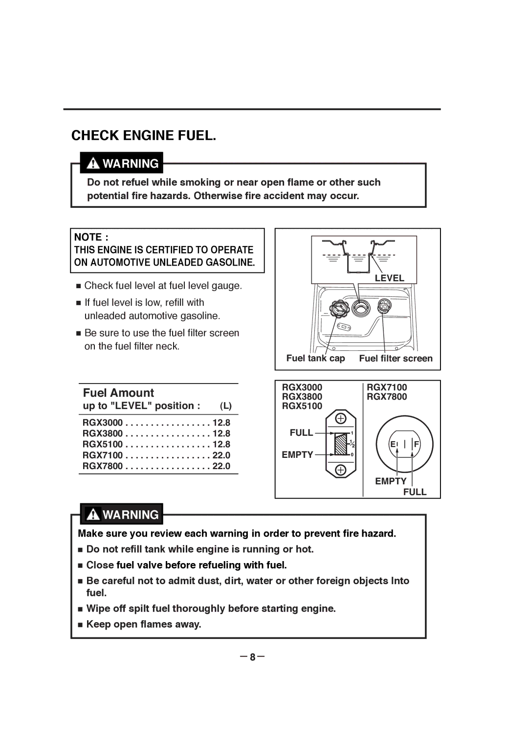 Subaru RGX5100, RGX7800, RGX3000, RGX3800, RGX7100 manual Check Engine Fuel, Up to Level position, － 8－ 