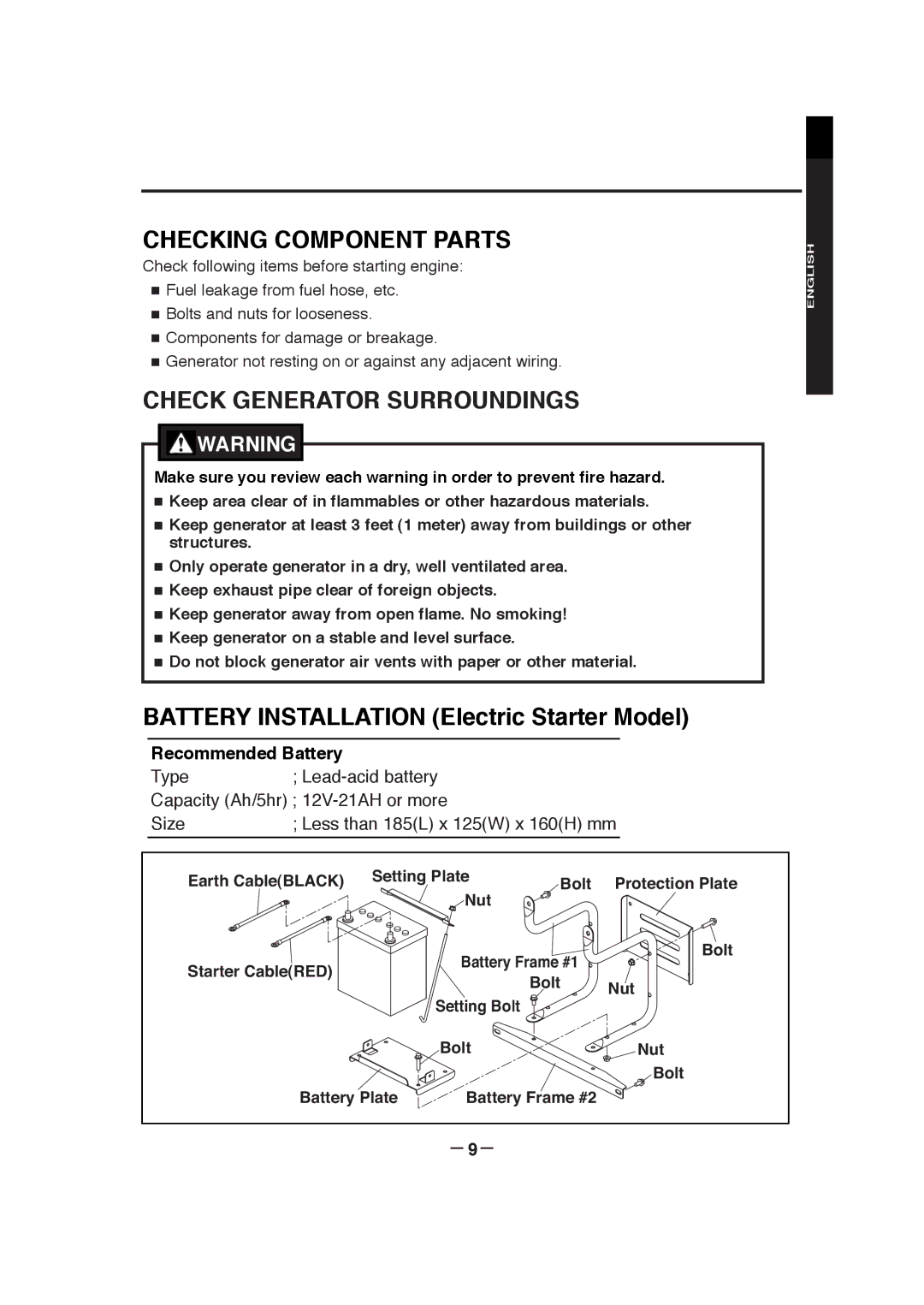 Subaru RGX7100, RGX7800, RGX3000, RGX3800, RGX5100 manual Checking Component Parts, Check Generator Surroundings, － 9－ 