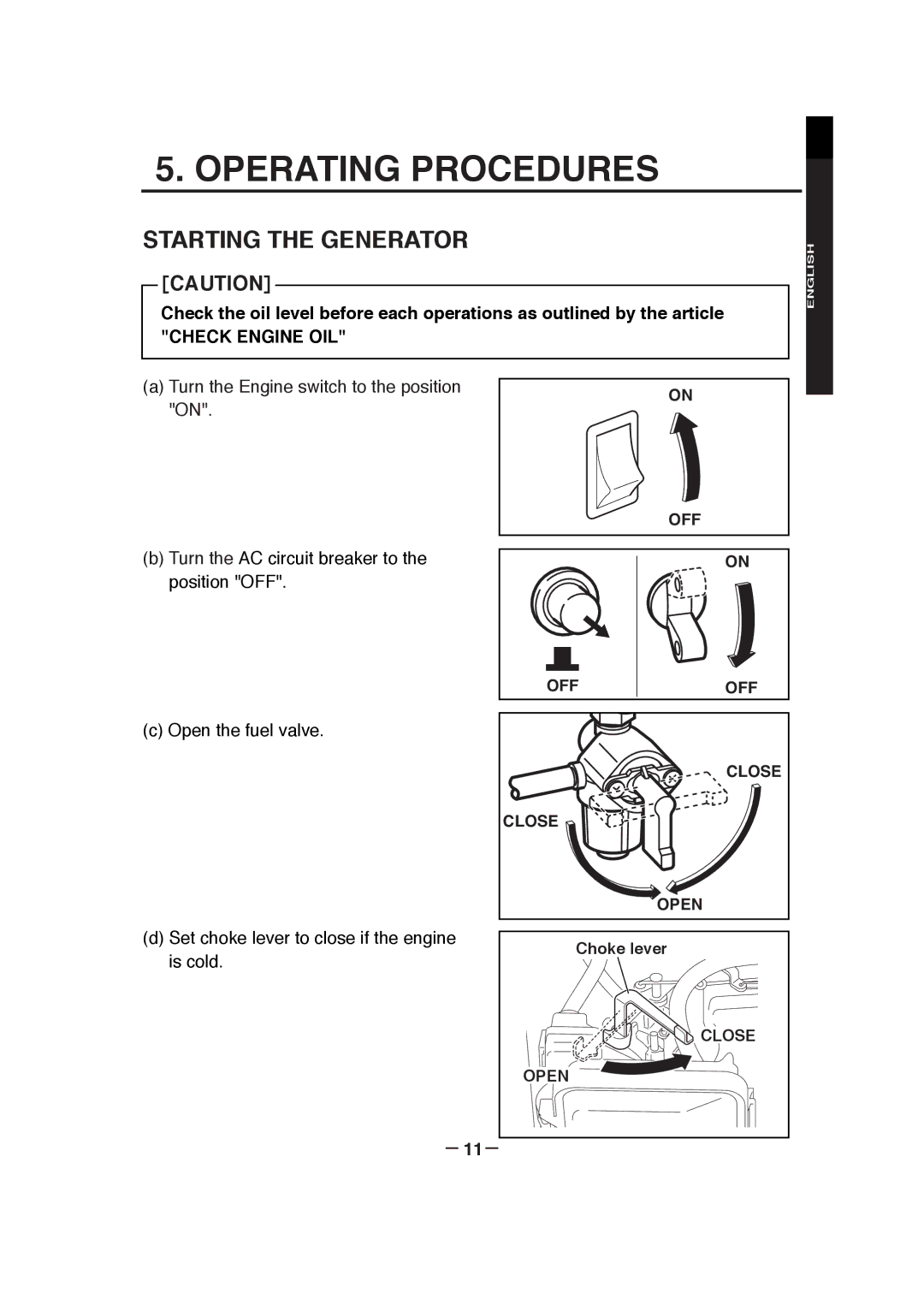 Subaru RGX3000, RGX7800, RGX3800, RGX5100, RGX7100 manual Operating Procedures, Starting the Generator, － 11－ 