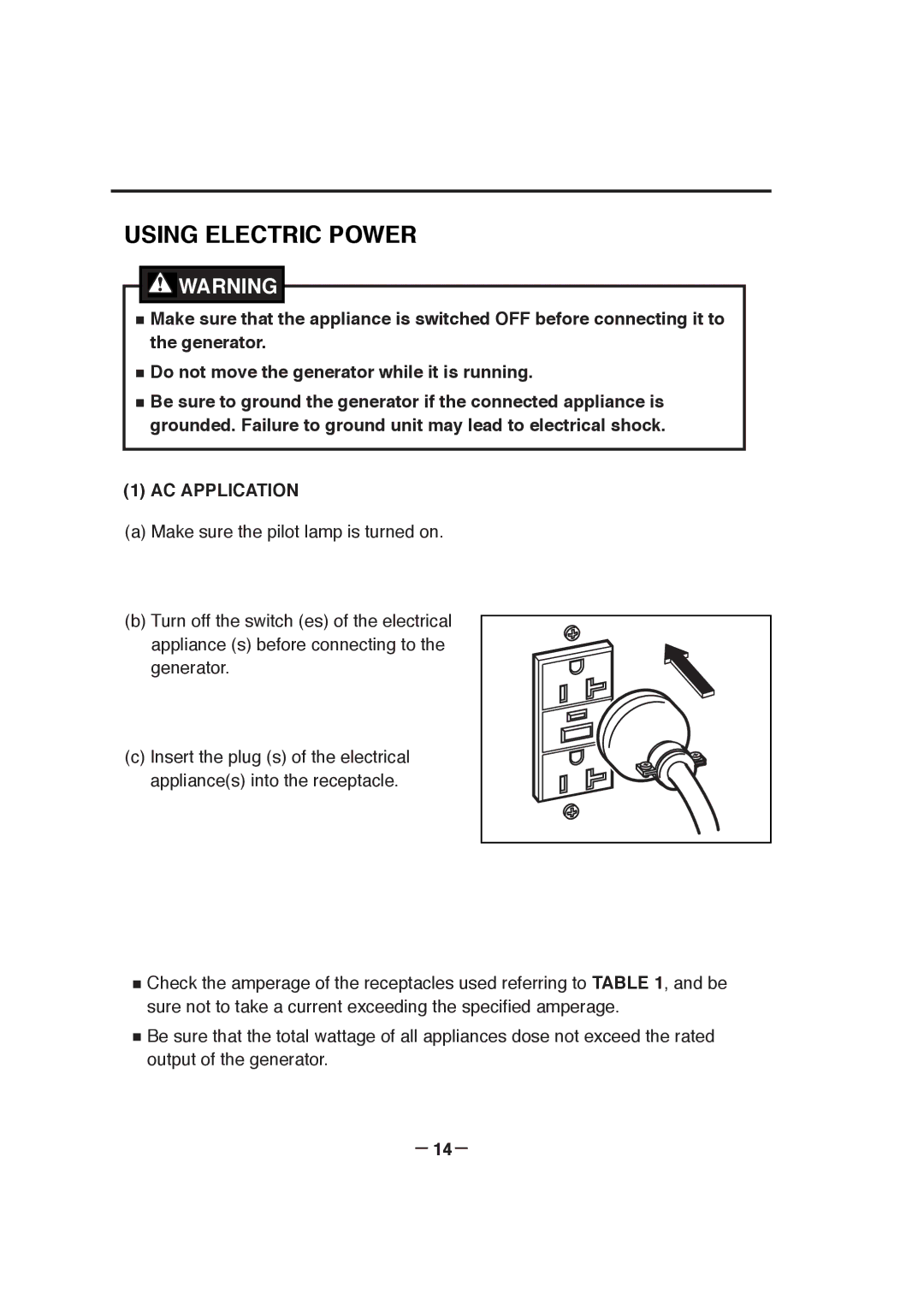 Subaru RGX7100, RGX7800, RGX3000, RGX3800, RGX5100 manual Using Electric Power, － 14－ 