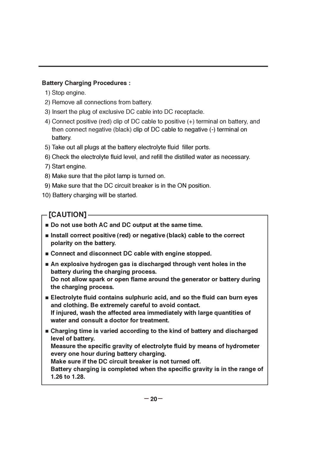 Subaru RGX7800, RGX3000, RGX3800, RGX5100, RGX7100 manual Battery Charging Procedures, － 20－ 