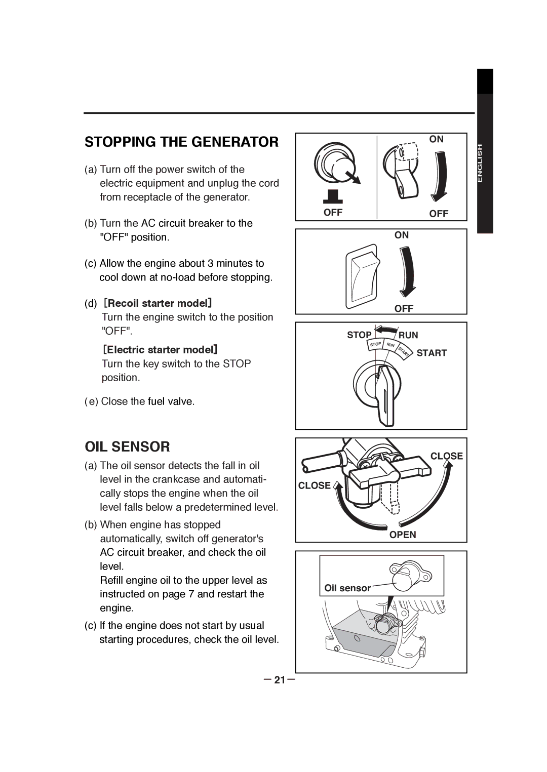 Subaru RGX3000, RGX7800 manual Stopping the Generator, OIL Sensor, ［Recoil starter model］, ［Electric starter model］, － 21－ 