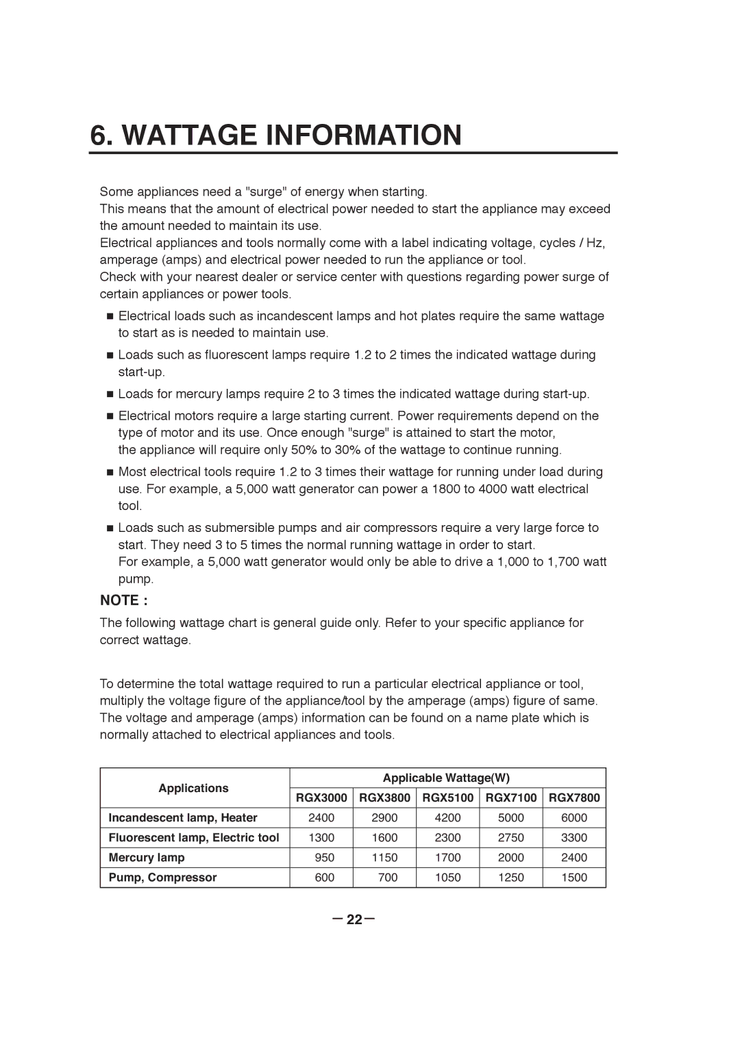 Subaru RGX3800, RGX7800, RGX3000, RGX5100, RGX7100 manual Wattage Information, － 22－ 