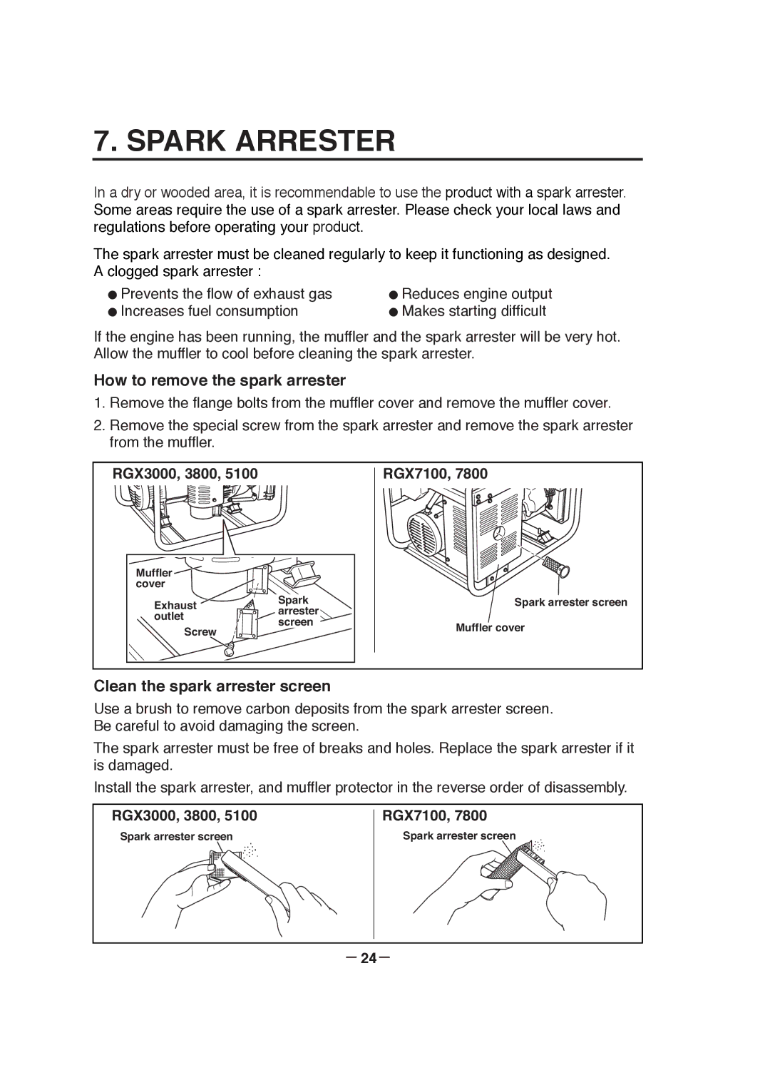 Subaru RGX7800, RGX3800, RGX5100 manual Spark Arrester, RGX3000, 3800 RGX7100, － 24－ 