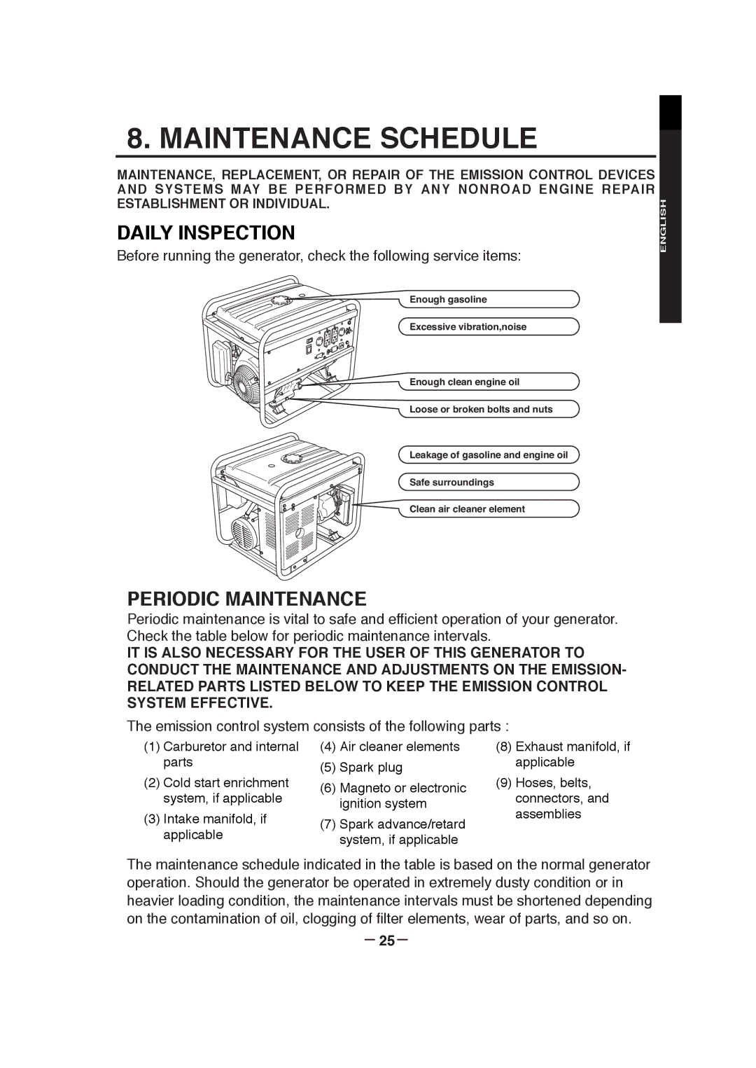 Subaru RGX7800, RGX3000, RGX3800, RGX5100, RGX7100 manual Maintenance Schedule, Daily Inspection, Periodic Maintenance, － 25－ 