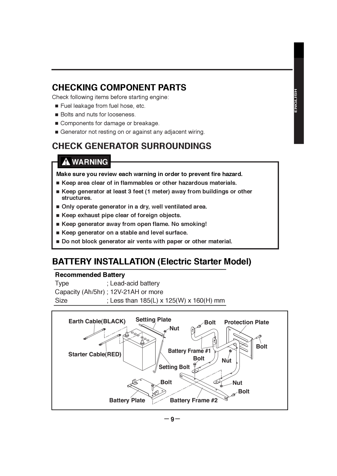 Subaru RGX7100 Checking Component Parts, Check Generator Surroundings, BATTERY INSTALLATION Electric Starter Model, － 9－ 