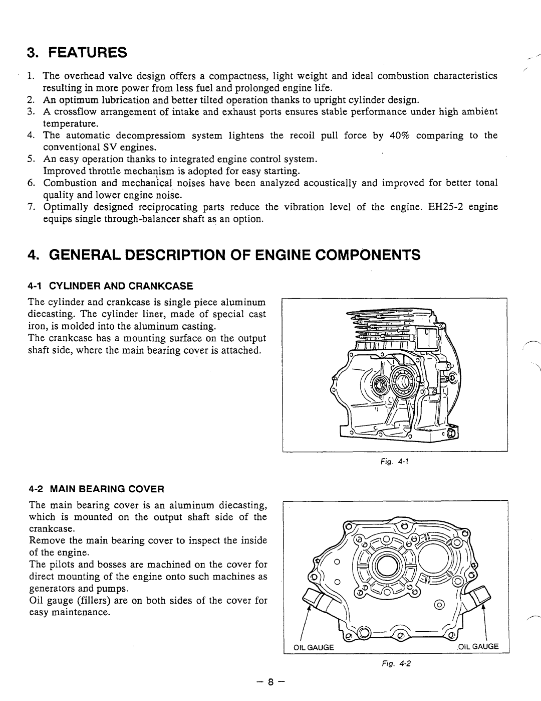 Subaru Robin Power Products EH12-2, EH17-2, EH25-2 manual Features, General Descriptionof Engine Components 