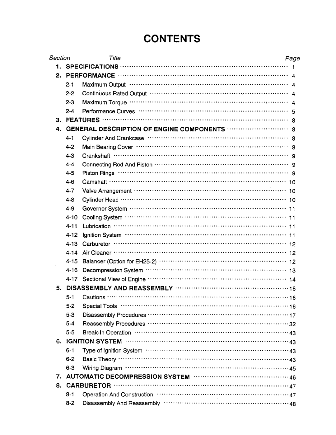 Subaru Robin Power Products EH12-2, EH17-2, EH25-2 manual Contents, Section, Title, Page 