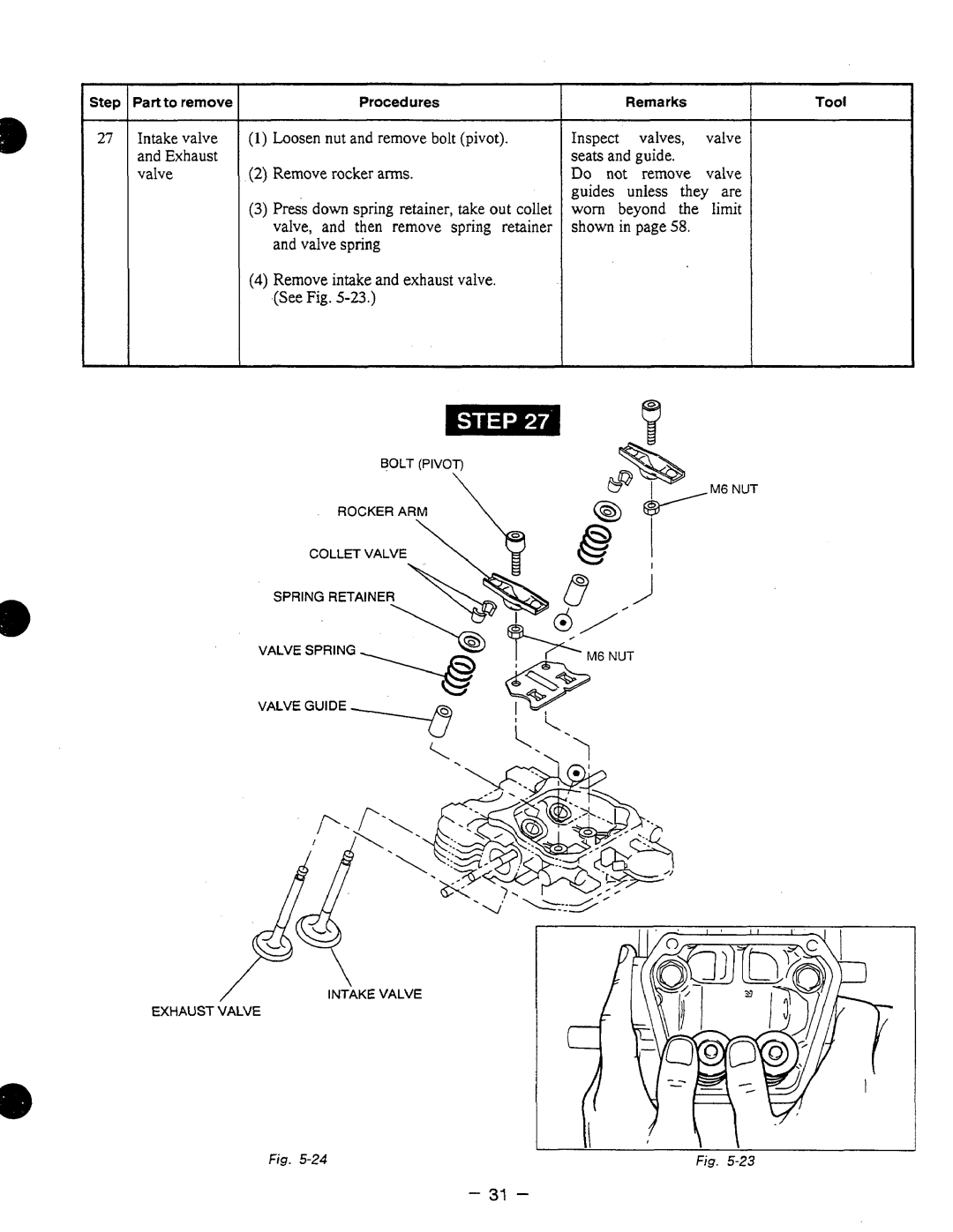 Subaru Robin Power Products EH12-2, EH17-2, EH25-2 manual Intake valve Loosen nut and remove bolt pivot Inspect Valves 