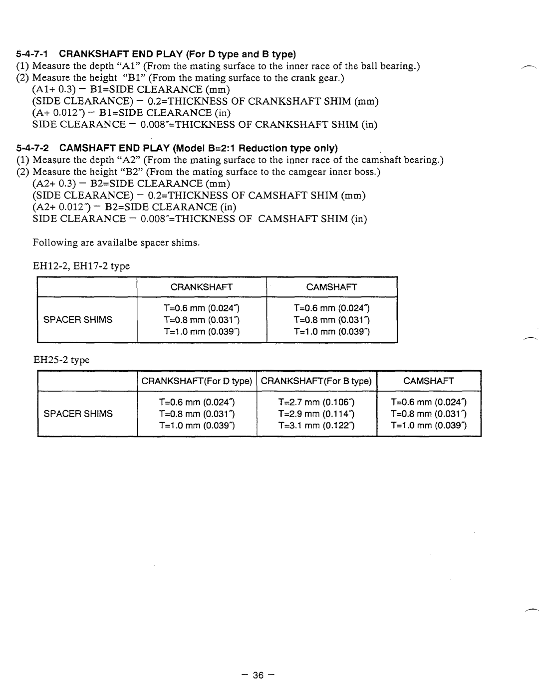 Subaru Robin Power Products EH12-2, EH17-2, EH25-2 manual Spacer Shims 