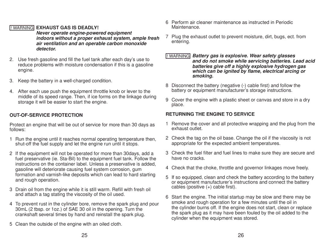 Subaru Robin Power Products EH65 manual OUT-OF-SERVICE Protection, Returning the Engine to Service 