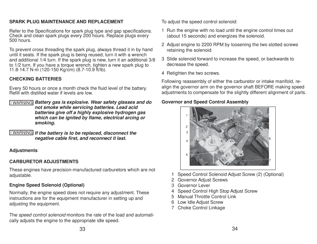 Subaru Robin Power Products EH65 manual Spark Plug Maintenance and Replacement, Checking Batteries, Carburetor Adjustments 