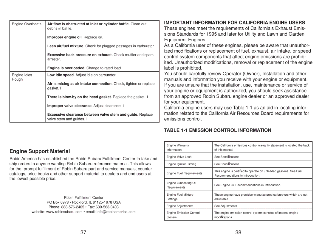 Subaru Robin Power Products EH65 manual Important Information for California Engine Users, Emission Control Information 