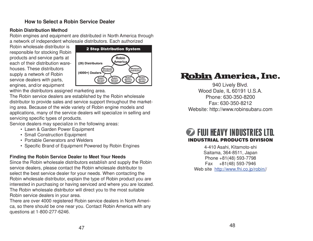 Subaru Robin Power Products EH65 manual Robin Distribution Method, Finding the Robin Service Dealer to Meet Your Needs 