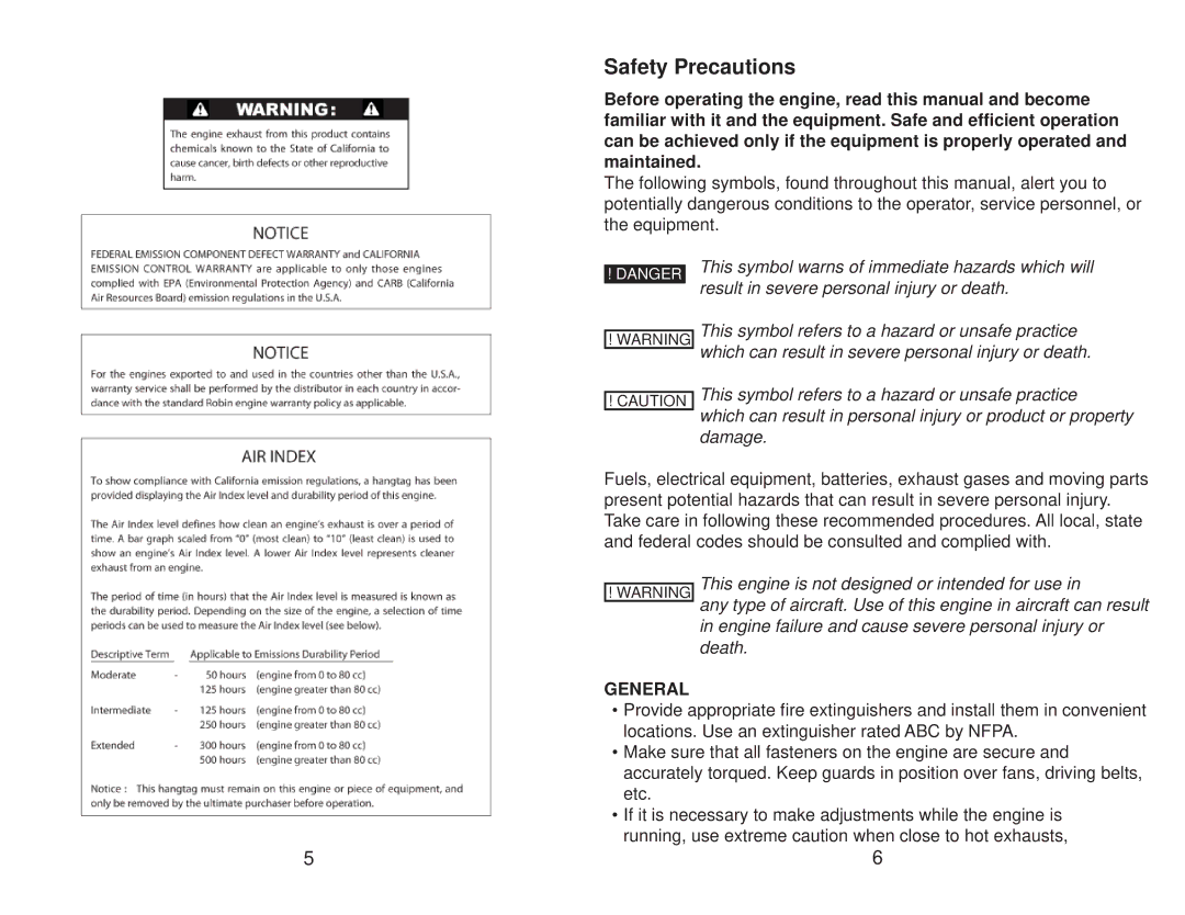 Subaru Robin Power Products EH65 manual Safety Precautions, General 