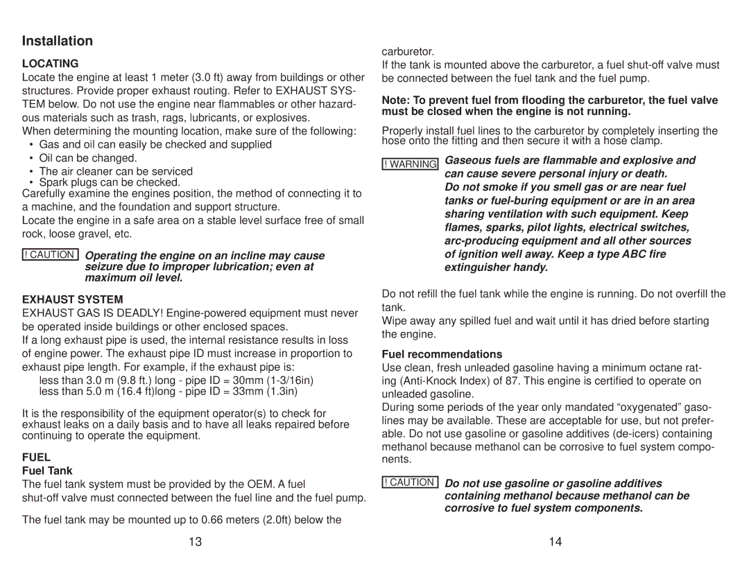 Subaru Robin Power Products EH65 manual Installation, Locating, Fuel Tank, Fuel recommendations 
