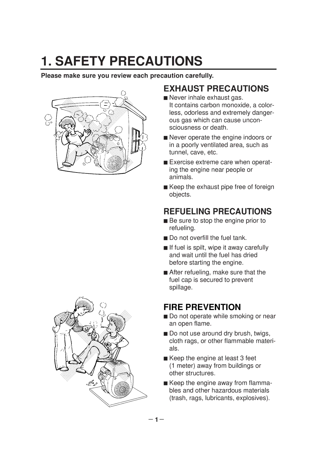 Subaru Robin Power Products EH65D, EH64D Safety Precautions, Exhaust Precautions, Refueling Precautions, Fire Prevention 