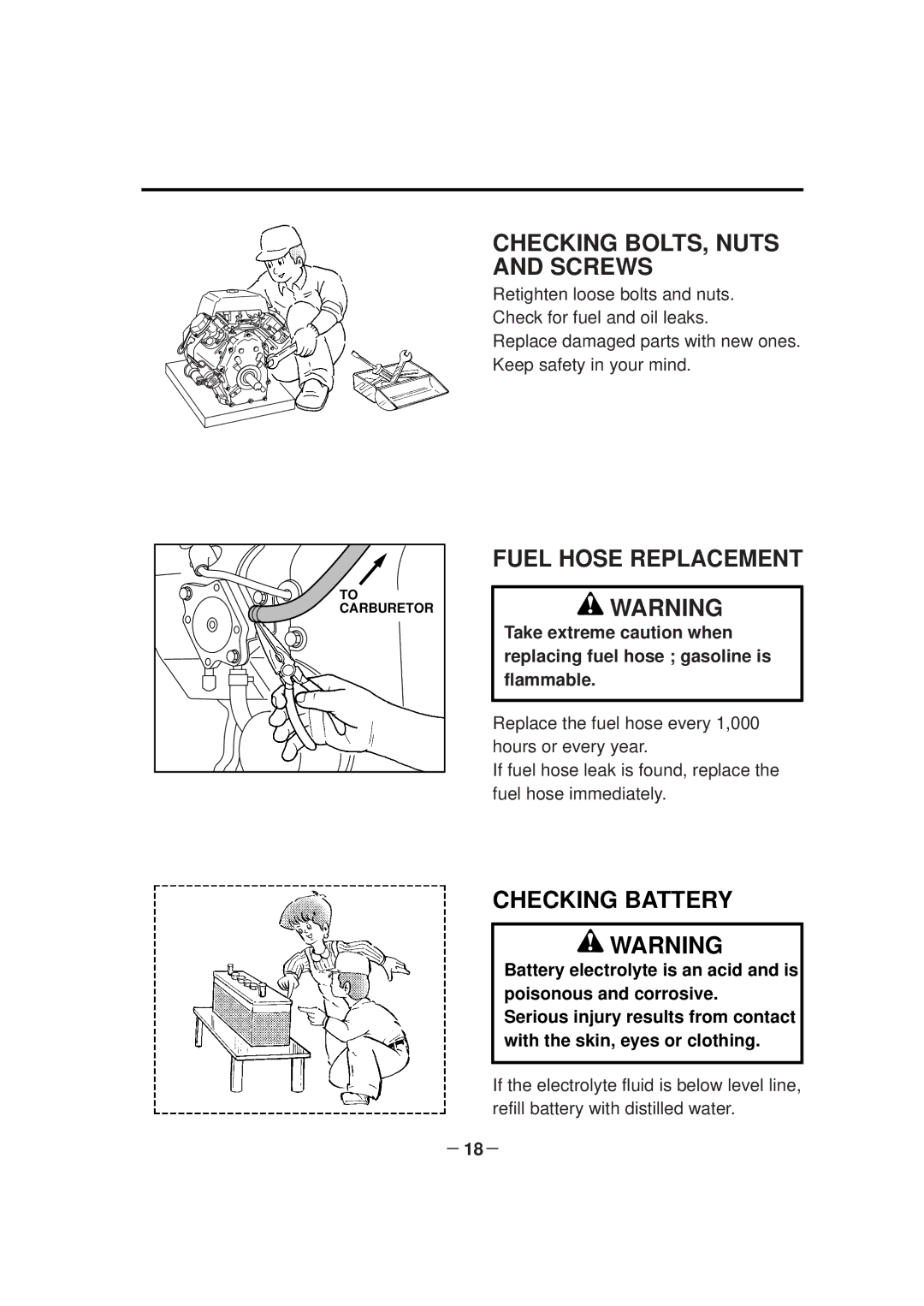 Subaru Robin Power Products EH63D, EH65D, EH64D Checking BOLTS, Nuts and Screws, Fuel Hose Replacement, Checking Battery 