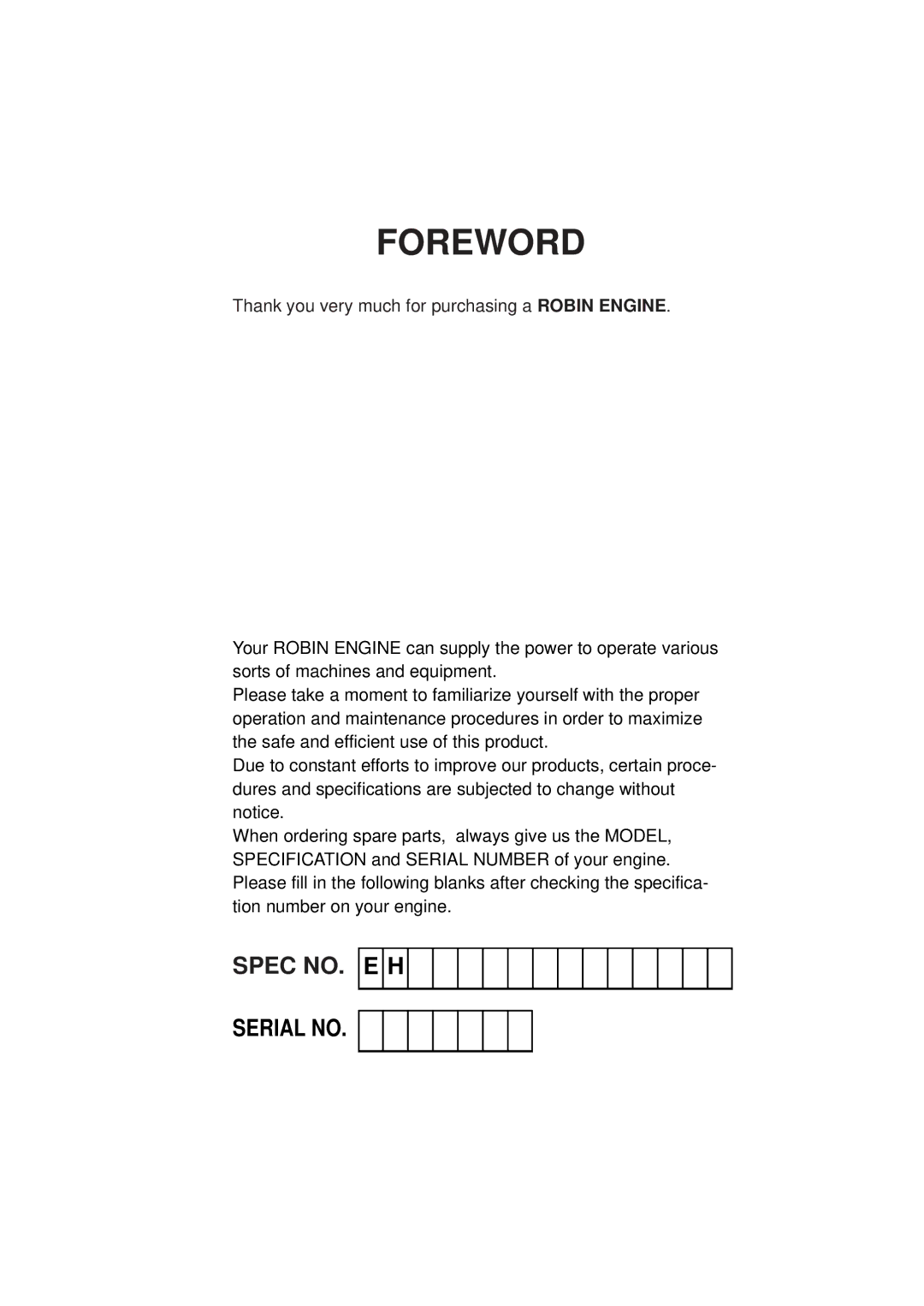 Subaru Robin Power Products EH65D, EH64D, EH63D manual Foreword, Serial no 