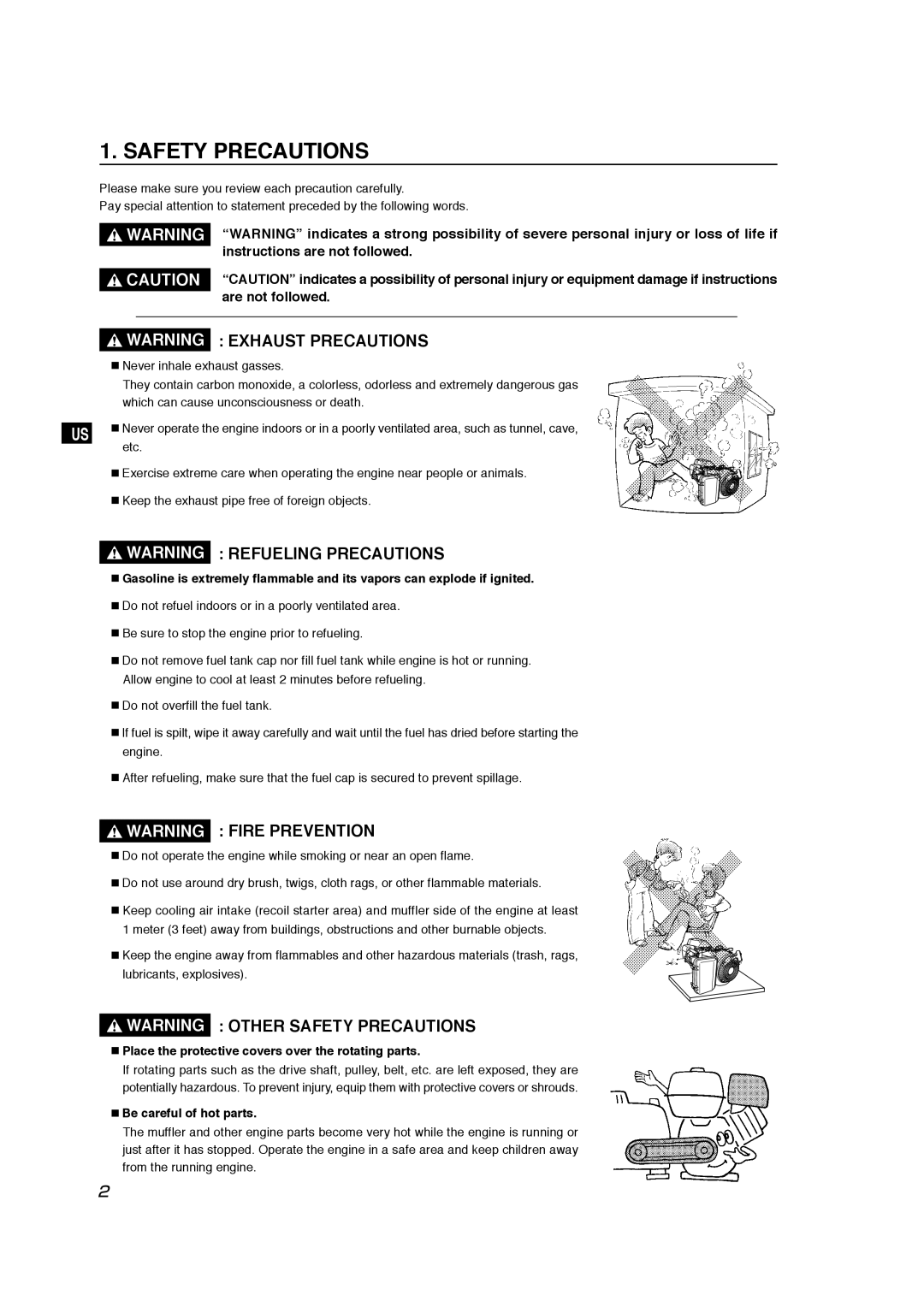 Subaru Robin Power Products EX30 manual Safety Precautions, Warning Exhaust Precautions, Warning Refueling Precautions 